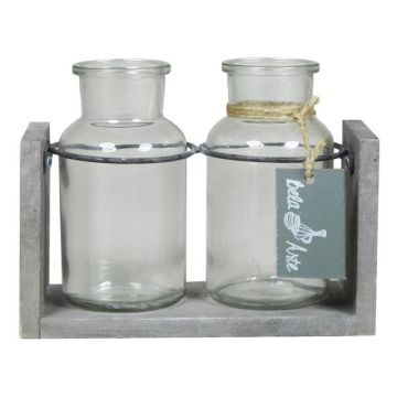 Botellas de cristal LORRIE con soporte de madera, 2 vasos, transparente, 18x8x13cm