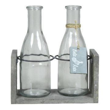 Botellas de cristal ANYA con soporte de madera, 2 vasos, transparente, 18x8x20cm