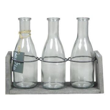 Botellas de cristal ANYA con soporte de madera, 3 vasos, transparente, 25x8x20cm