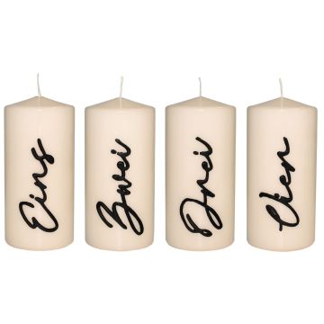 Velas de Adviento PAULINO con números, 4 piezas, crema-brillante, 15cm, Ø7cm, 63h - Made in Germany