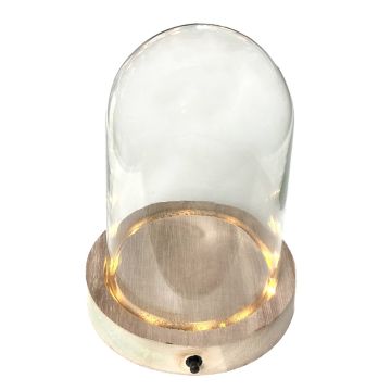 Campana de cristal BENIGNA con LEDs, base de madera, transparente, 25cm, Ø17cm